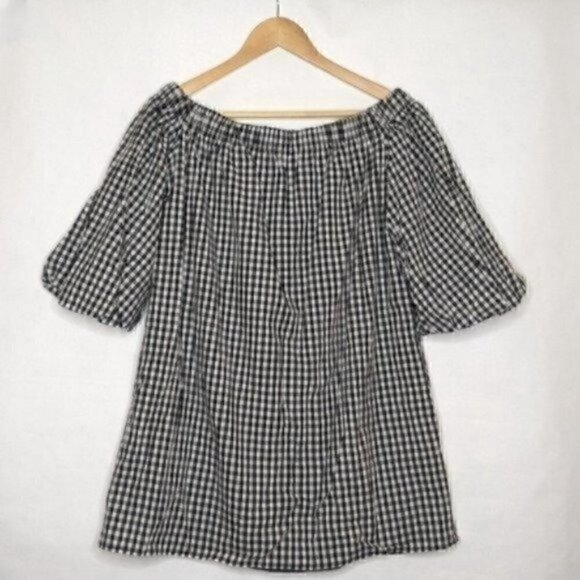 SOPRANO GINGHAM DRESS SMALL OFF SHOULDER BLACK WHITE TRAPEZE PUFF SLEEVES SWING - Picture 3 of 8